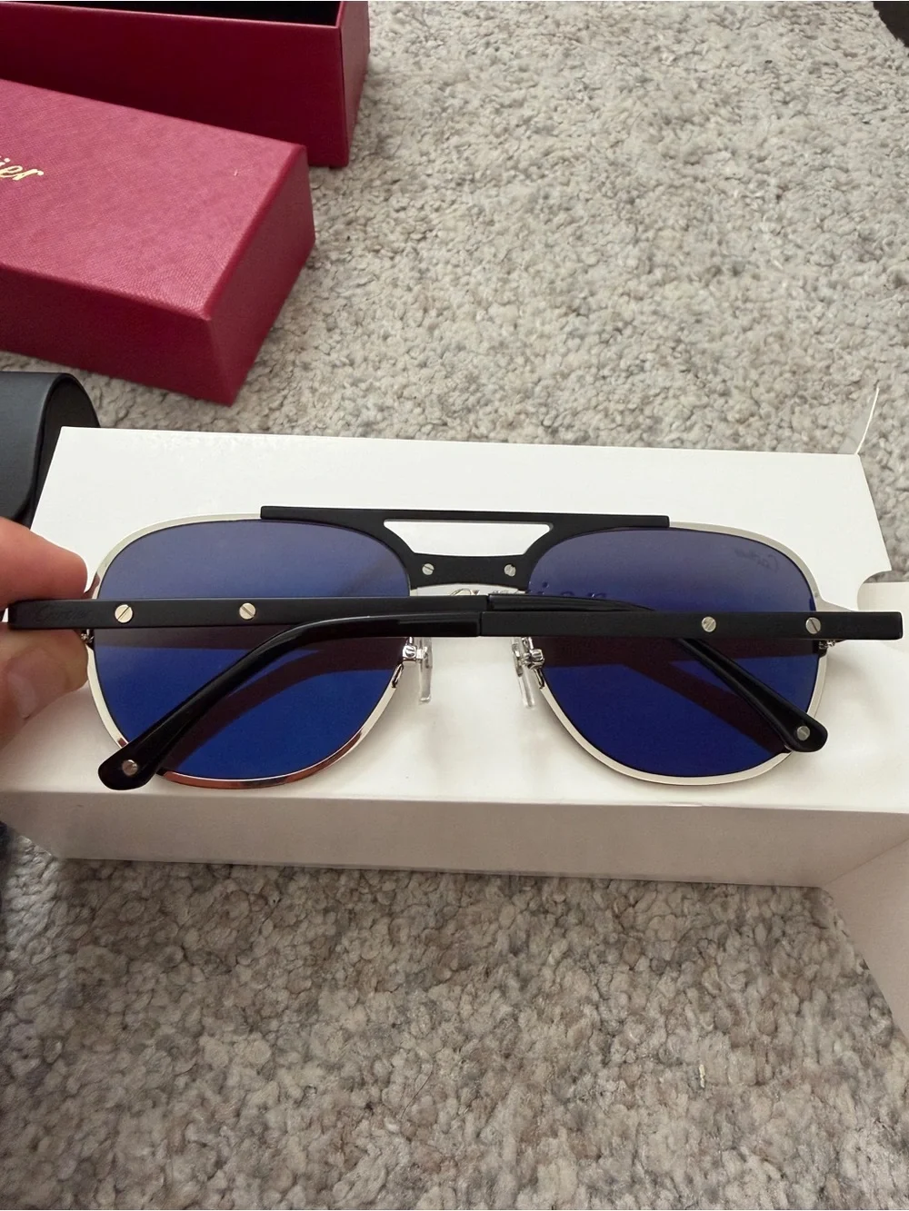 Cartier Black and Silver Santos De Cartier Aviator Sunglasses